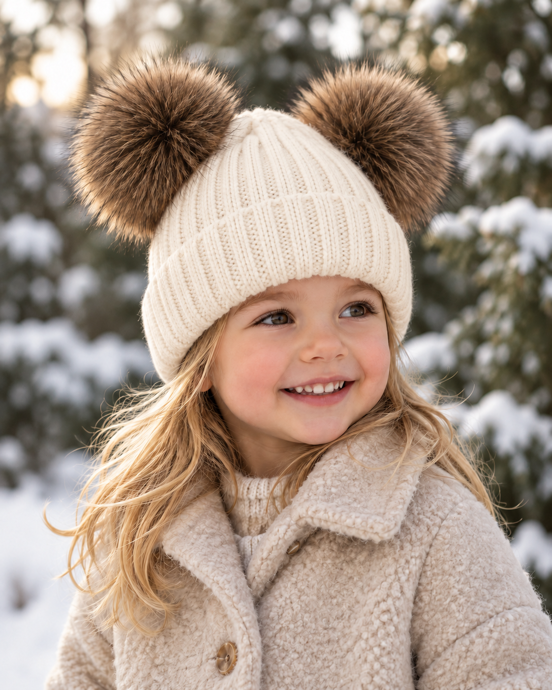Child wearing Woolsy warm white knitted double pompom hat with brown fur pompoms outdoors in winter