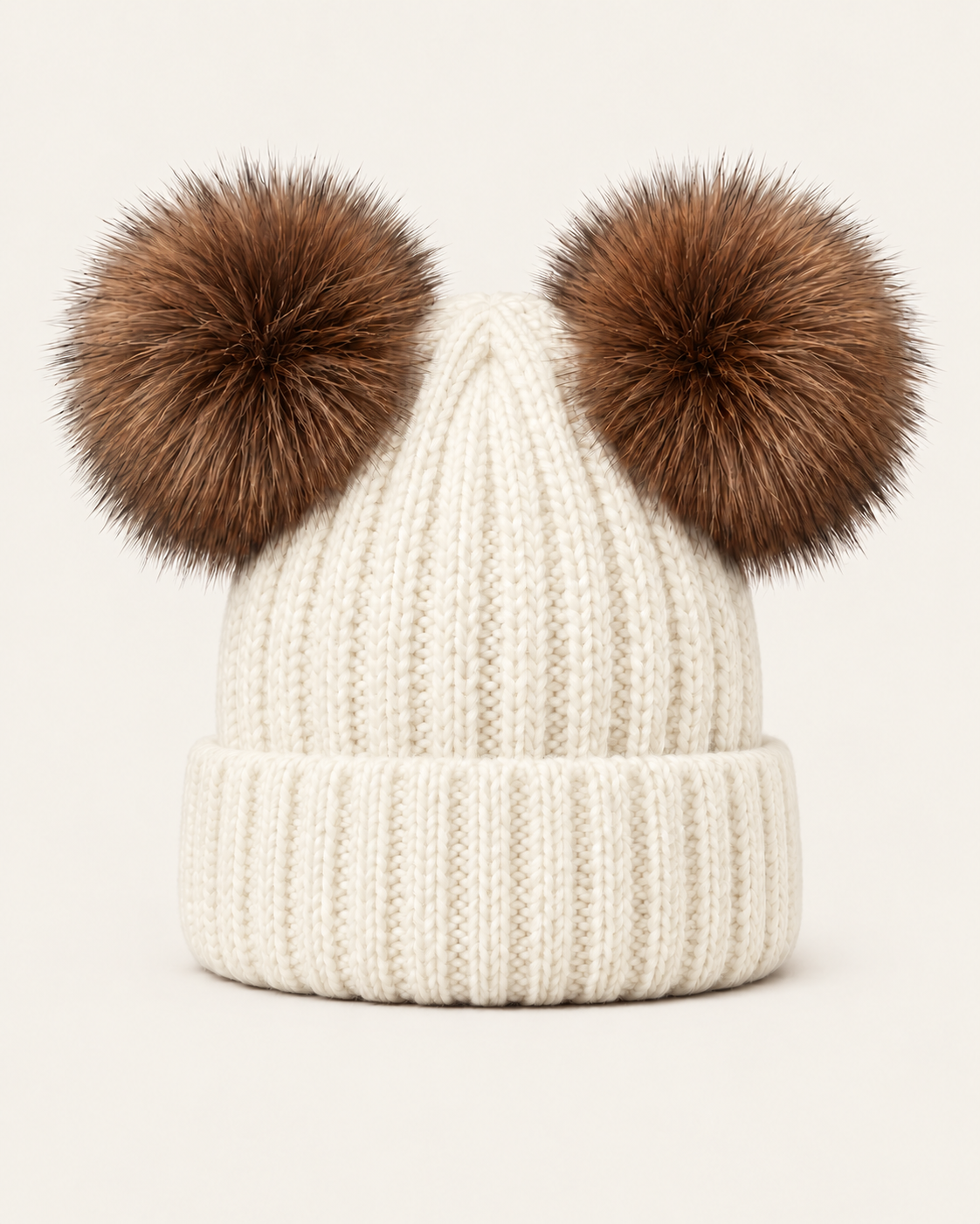 Woolsy warm white toddler and kids ribbed knitted double pompom hat with brown fur pompoms
