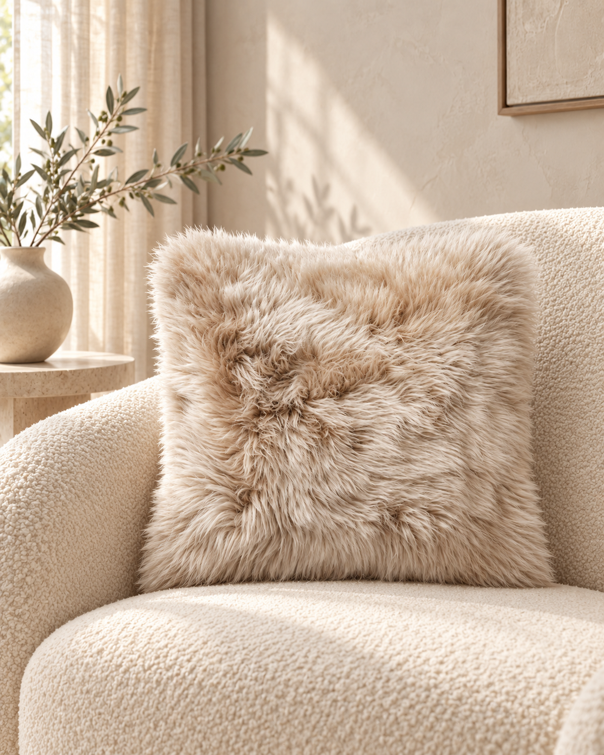 Oat Australian sheepskin cushion, 16 x 16 inches, styled on a boucle armchair