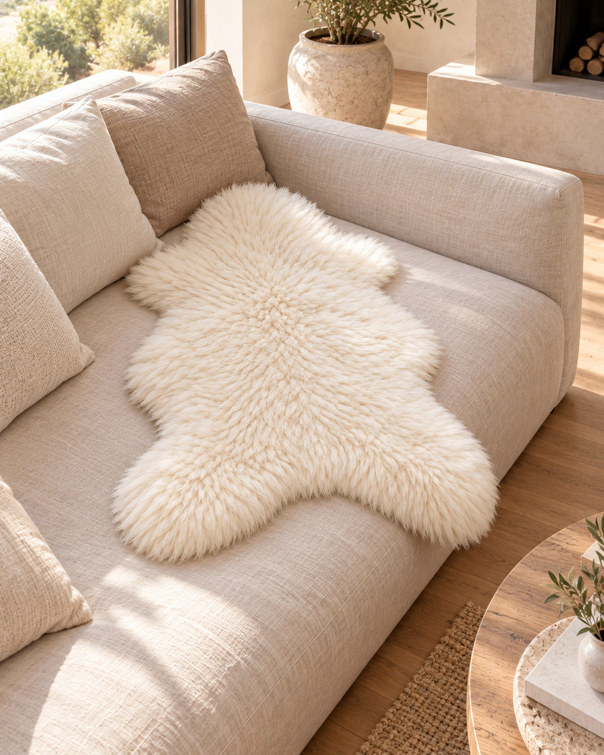 Ivory single-pelt Australian sheepskin rug across a linen sofa seat