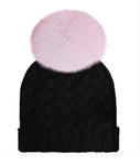 Knitted Black Pom Pom Hat with Pink Fox Fur