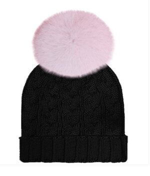 Knitted Black Pom Pom Hat with Pink Fox Fur